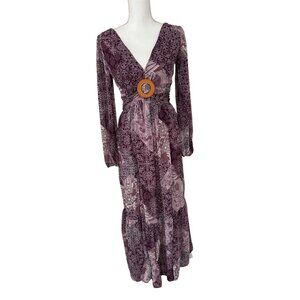 Jessica Simpson Dress Sz XS Boho Maxi Paisley Print Long Sleeve V-Neck Back Tie